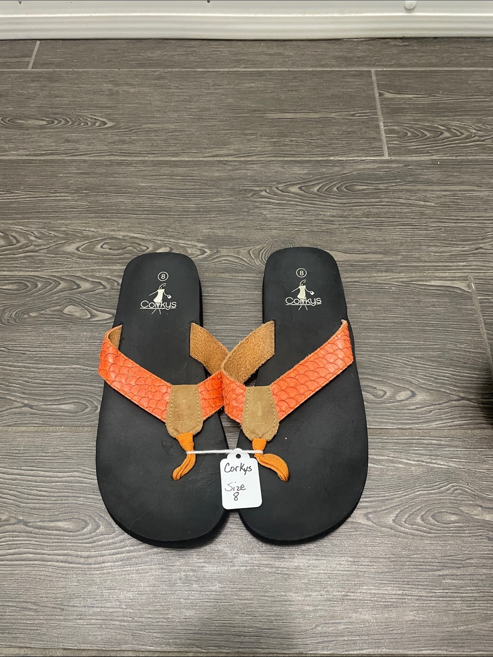 Corkys Orange Textured-Strap Black Footbed Sandals